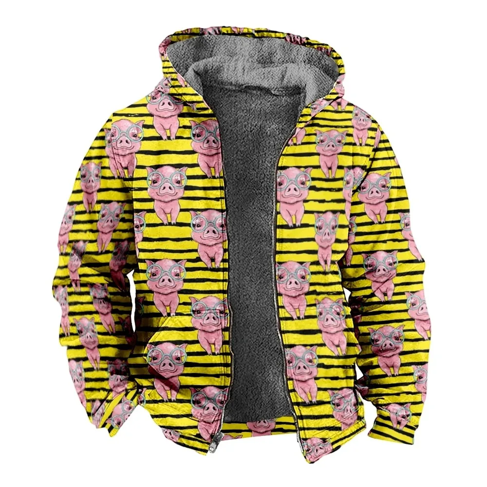 Autumn Winter Fleece Hoodies Black Yellow Stripes Cute Piggy Digital Print Men Parka Coat Jackets Outerwear Sweatshirts Street