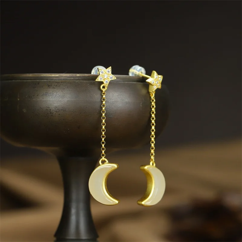 

Hot Selling Natural Hand-carved White Jade Moon 925 Silver Gufajin Inlaid Earrings Studs Fashion Jewelry Women Luck Gifts1