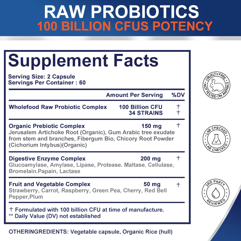 Probiotic Enzyme Capsules 100 Billion CFU Prebiotics & Digestive Enzymes for Intestinal Digestion and Immune Support, digestive enzyme supplement