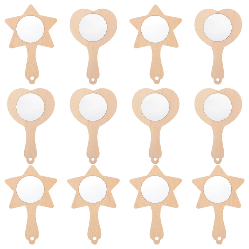 

12 Pcs DIY Wooden Mold Makeup Mirror Lovely Hand Delicate Light Mirrors with Handle Kids Small Handheld