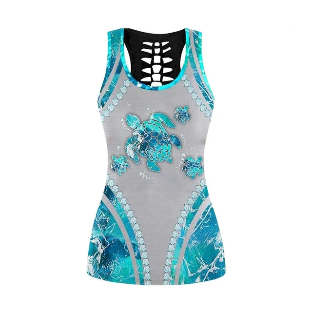 Ocean Diamond Turtle Hollow Yoga Outfit 3D Printed Hollow Tank Top