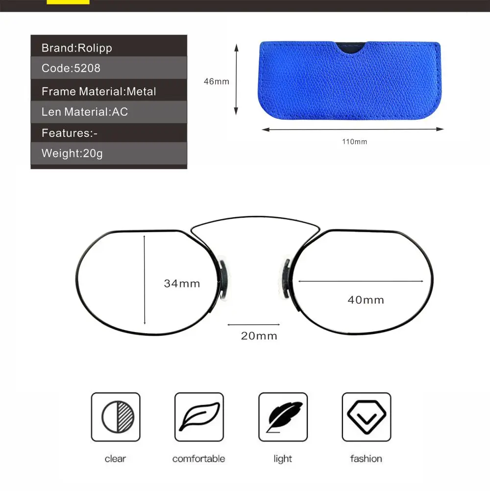 Reading Glasses for Men and Women Clip Nose Portable with Out Temple Presbyopic Glasses Oval Metal High Quality with Case
