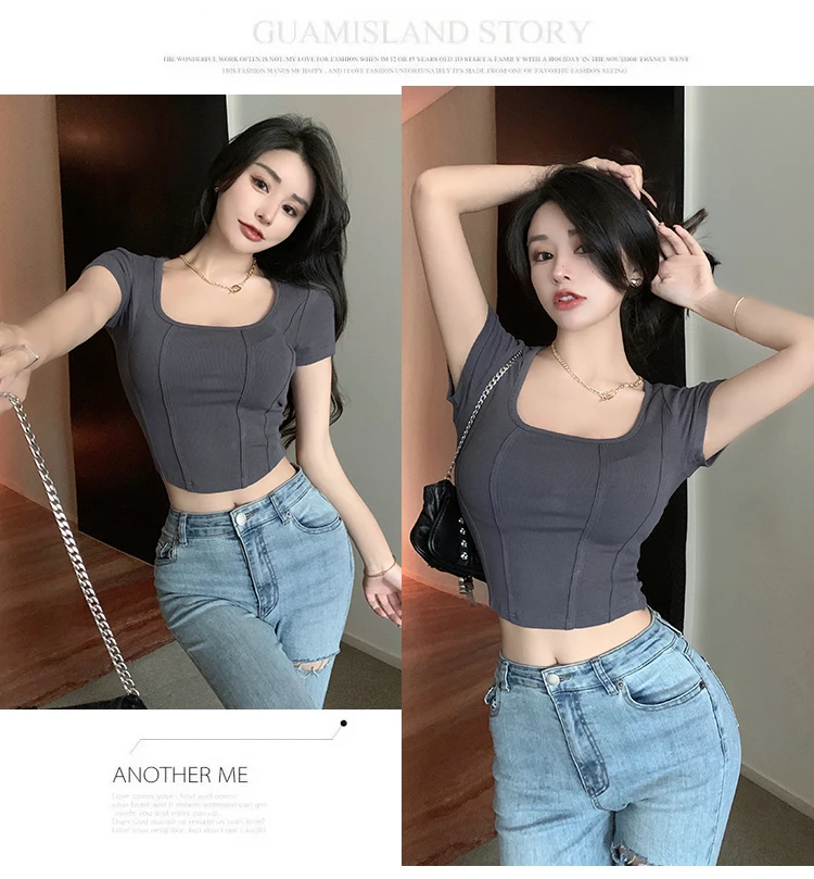 2026 Sommer Neuer Koreanischer Stil Damen T-Shirt Quadratischer Ausschnitt Fischgrätenmuster Slim Fit Kurzarm Crop Top Trendiges Vielseitiges Oberteil – Detail 24