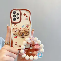 Cream Cake 3D Cartoon Cute Bear Phone Case with Bracelet and Wave Design - Galaxy A03s (Brown Bear)
