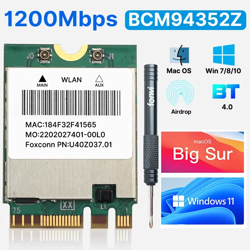 Scheda Wireless BCM94360CD – PCIe Bluetooth 4.0 E Wi-Fi 802.11ac Per IMac A1418/A1419 (2012-2013), Compatibile Mac OS 10.9-10.15