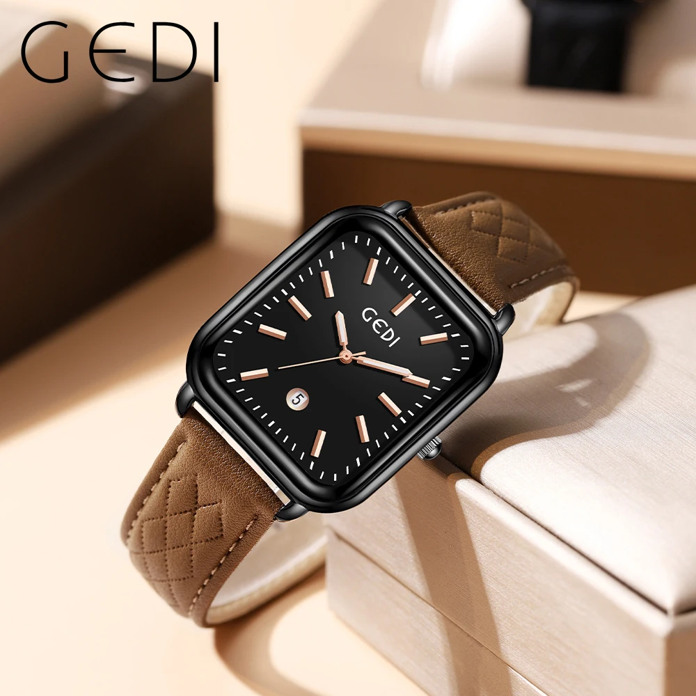 

GEDI Fashion Business Women's Quartz Watches Luxury Brand Rectangle Calendar PU Leather Strap Waterproof Wrist Watch for Ladies