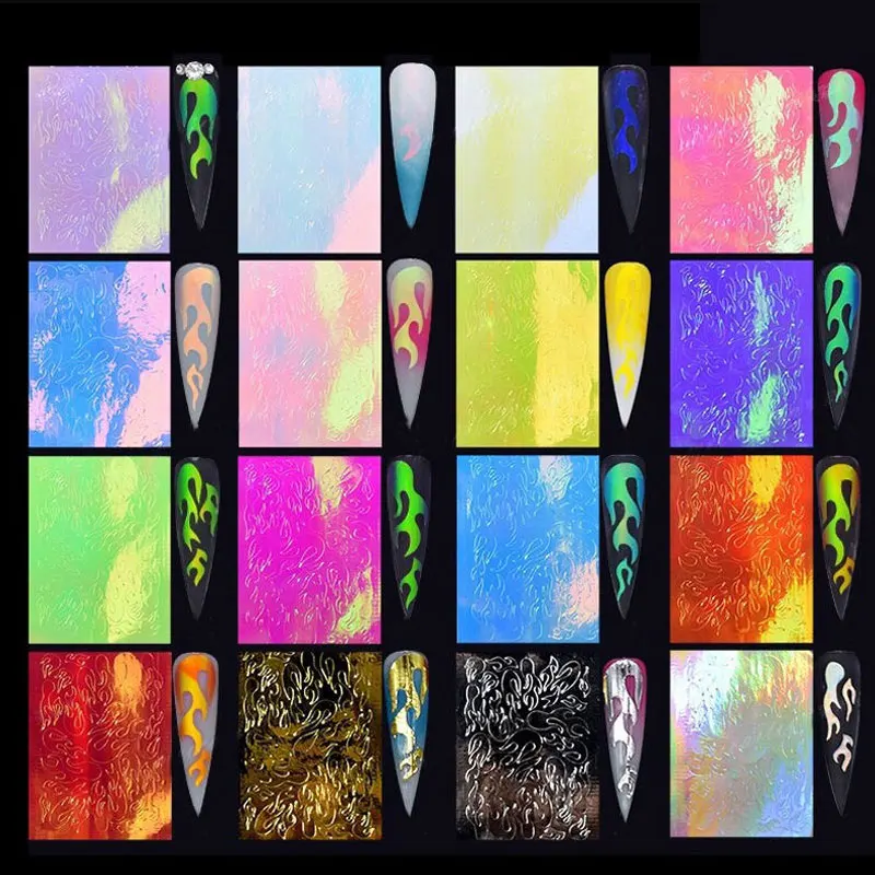 3D Holographic Fire Nails Art Stickers Designer Laser Flames Nail Sticker Decal Transfer Foil Decorations Accesoires