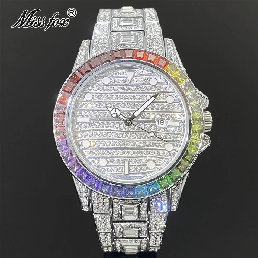 

New Iced Out Watch Luxury Men Colour Moissanite Fashion Quartz Jewelry Waterprof Luminous Clocks Gift For Boyfriend Hot Sell