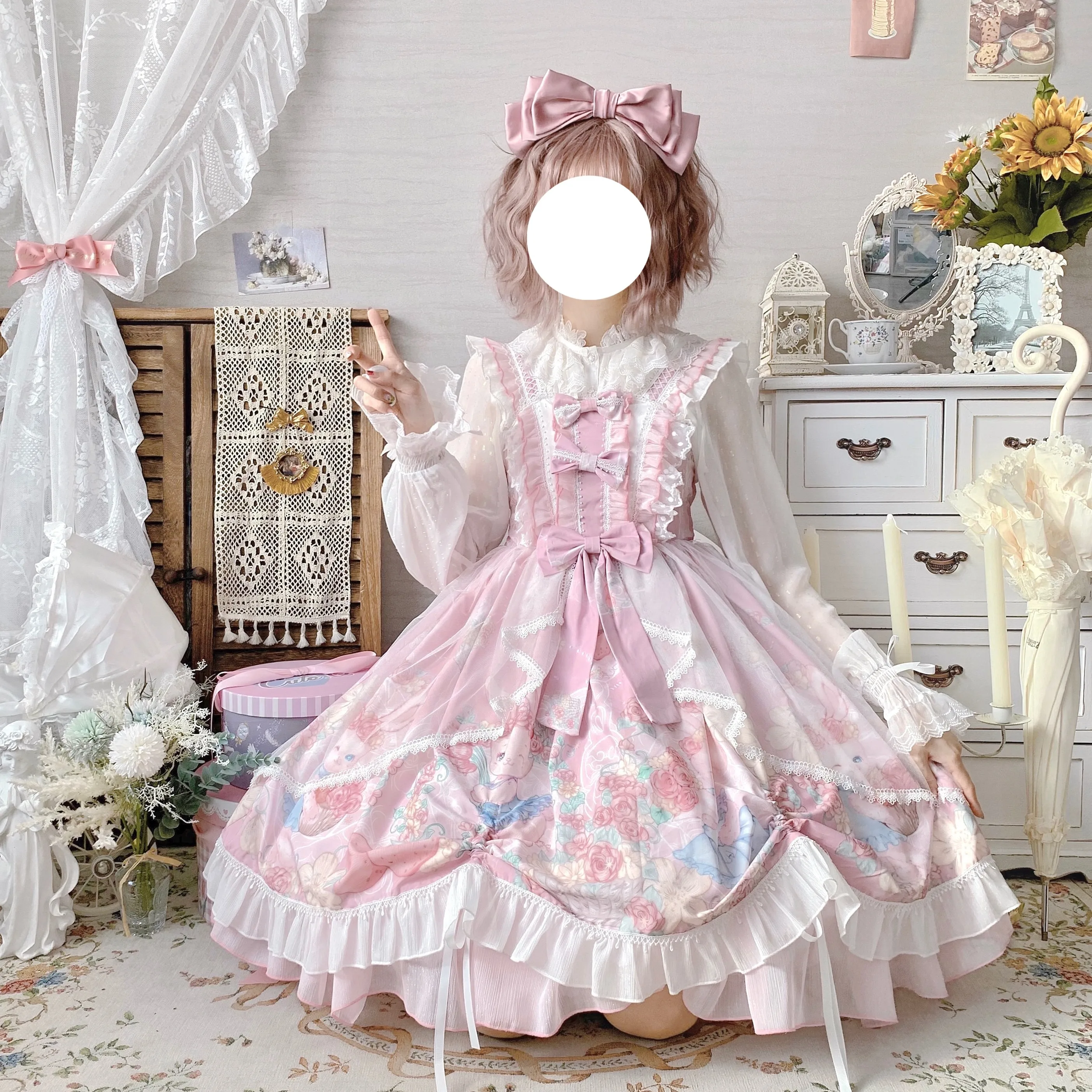 Luxurious Pink Kawaii Girl Lolita Wreath Bunny Tail Trailer Rabbit 