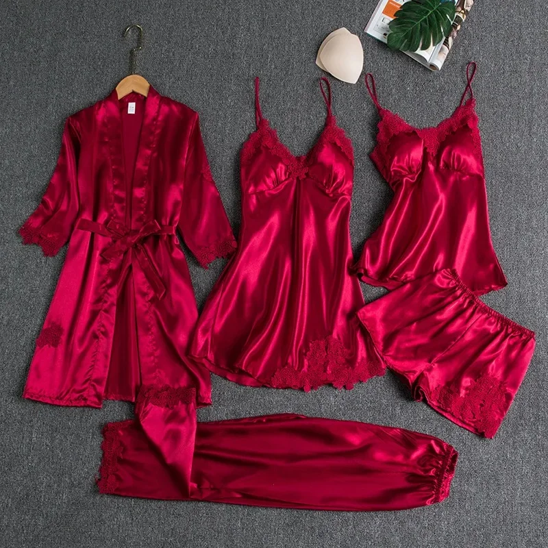 Sexy Summer Ice Silk Long Sleeve Thin Home Clothes Set for Women V-Neck Sleepwear plus Size Bath Robe Included Five-Piece Set