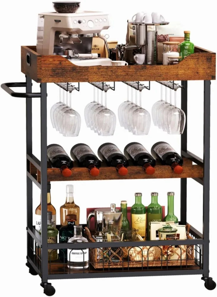 

X-cosrack Coffee Bar Cart with Wine Rack, Mobile Coffee Station with Wheels, Coffee Stand with Removable Wood Tray