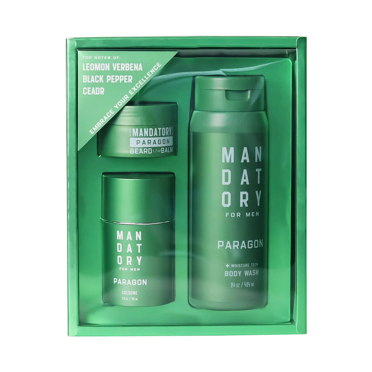 MANDATORY Men's Fragrance Set Gifts 2.0 Oz Eau de Toillete Cologne Spray 14 Oz Body Wash Shower Gel 1 Pc 1.7 Beard Balm
