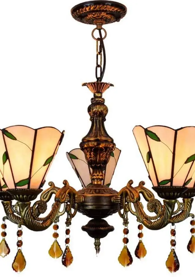 

able Lamp Suspension 24" 5 Heads Chandelier Tiffany Multicolor Glass Pendant Lamp Restaurant Hanging Light Cafe Bar