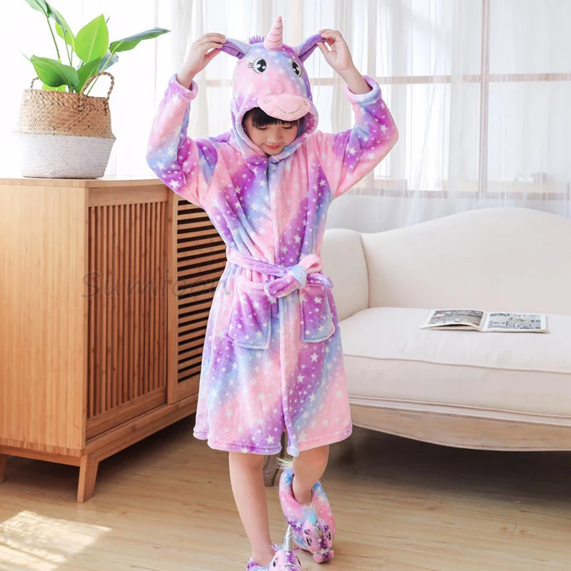 Kids Colar Fleece Unicorn Hooded Bathrobe Children's Dressing Gown Bath Robe Kugurumi Animal Sleepwear For Girls Boys Pyjamas