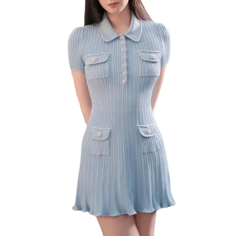 

VII 2023 Брендовое женское платье SP, вязаное платье с пуговицами с отворотами и коротким рукавом, женская одежда для ранней весны, бесплатная доставка