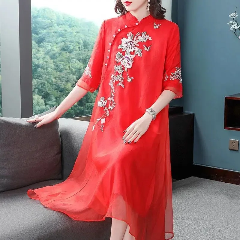 

Dress Female 2024 Summer Clothes Loose Everything With Organza Embroidery Medium Length Tea Dress National Style Cheongsam Skirt