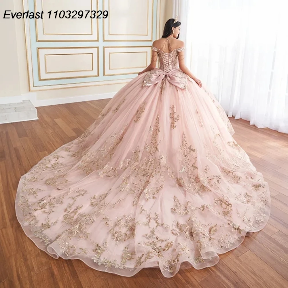 EVLAST Glitter Pink Quinceanera Dress Ball Gown Gold Lace Applique Beaded Bow Corset Sweet 16 Vestidos 15 Anos TQD847