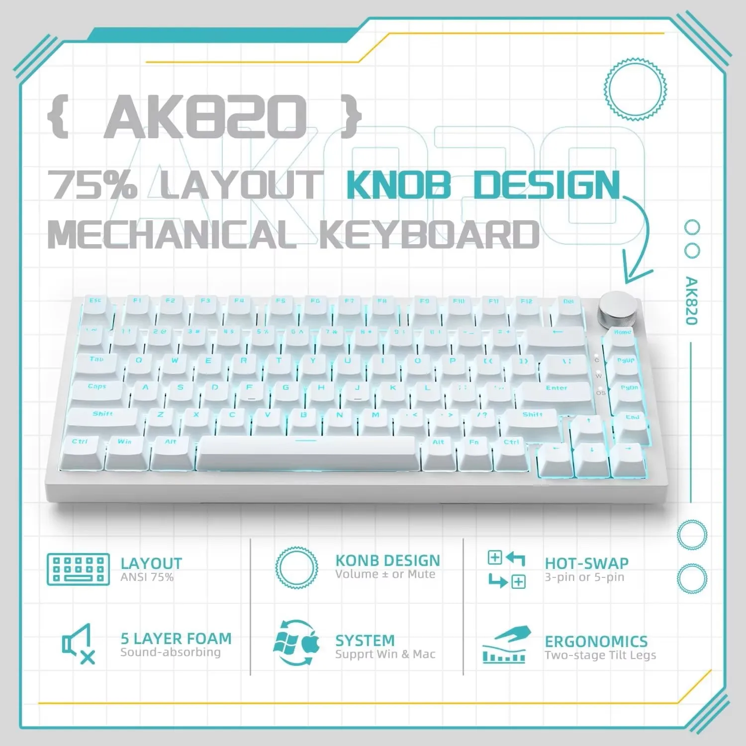 AK820 유선 풀키 핫스왑 키보드 탈착식 USB 포트 화이트/아이스 블루 백라이트 프리미엄 센스 컬러웨이