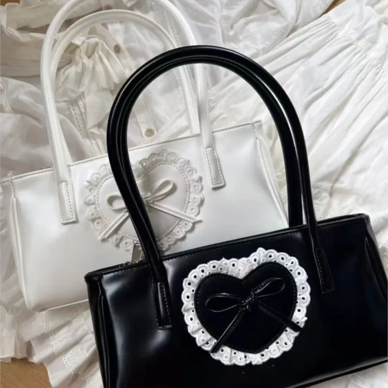 JIAERDI Lolita Heart White Underarm Bag Women Harajuku Lace Leather Y2k Shoulder Bags Purse Female Fairycore Aesthetic Handbag