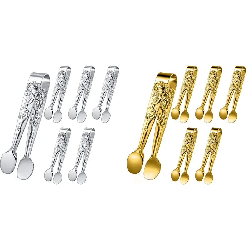 6 Pieces Rose Handle Sugar Tong Stainless Steel Mini Sugar Tong Square