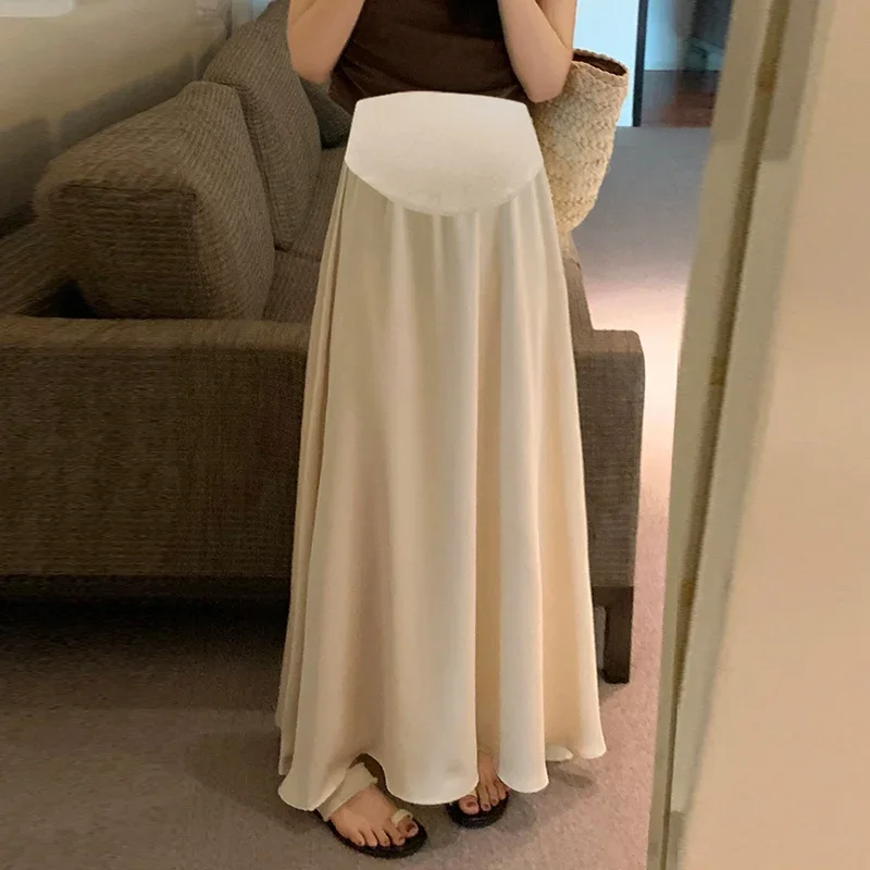 Korean Style Maternity Belly Skirts High Waist Long Design Pregnant Woman A-line Skirts Solid Color Pregnancy Umbrella Skirt