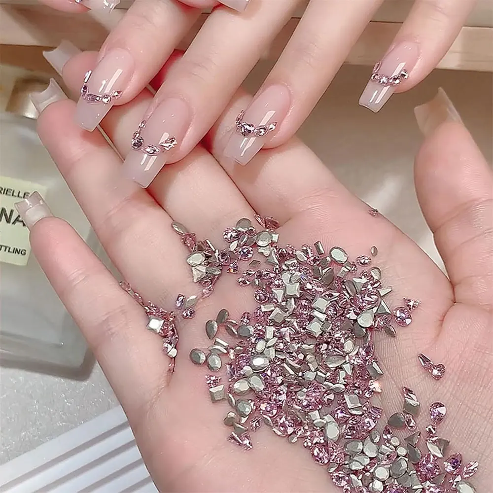 50pcs 3D 미니 반짝 이는 핑크 지르콘 네일 아트 라인 석 2/3/4mm 마름모/타원형/러브 하트 다이아몬드 네일 보석 플랫 백 수지 데코