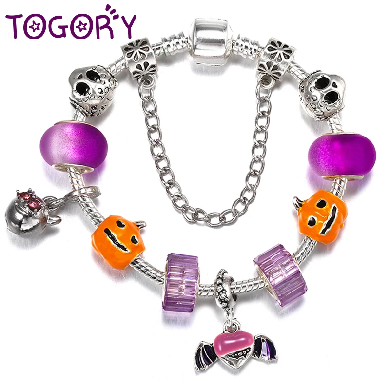 

TOGORY Skull Bat Feathers Beads Charm Bracelets Fit DIY Brand Bracelets For Women Men Bijoux Pulseras Halloween Jewelry Gift