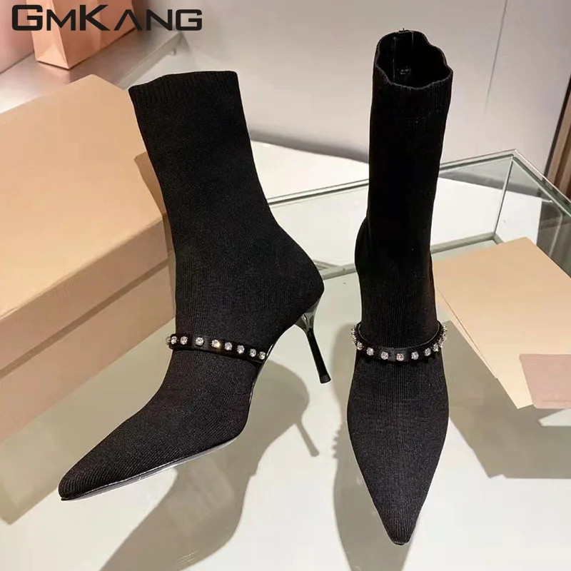 Runway High Heel Knit Boots Women Black Silver Stretch Sock Boots Rhinestone Wedding Shoes Women Stiletto Modern Boots Woman