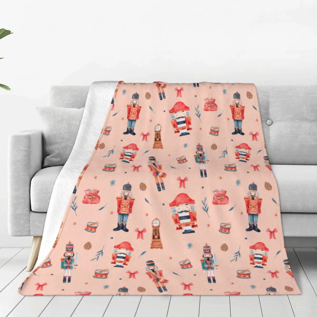 

Christmas New Year Blankets Velvet Textile Decor Cute Pink Nutcracker Multi-function Soft Throw Blanket for Bed Travel Quilt