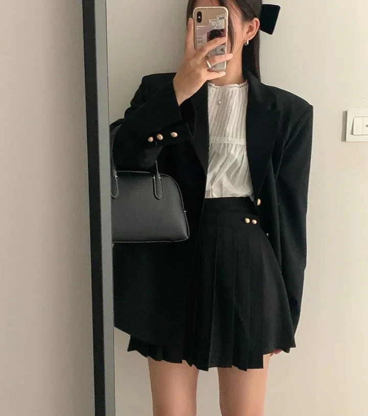 Korean Chic Two-piece Skirt Set Women Single Breasted Blazer Loose Jacket Solid Pleated Mini Skirt Autumn Office Lady Outfits