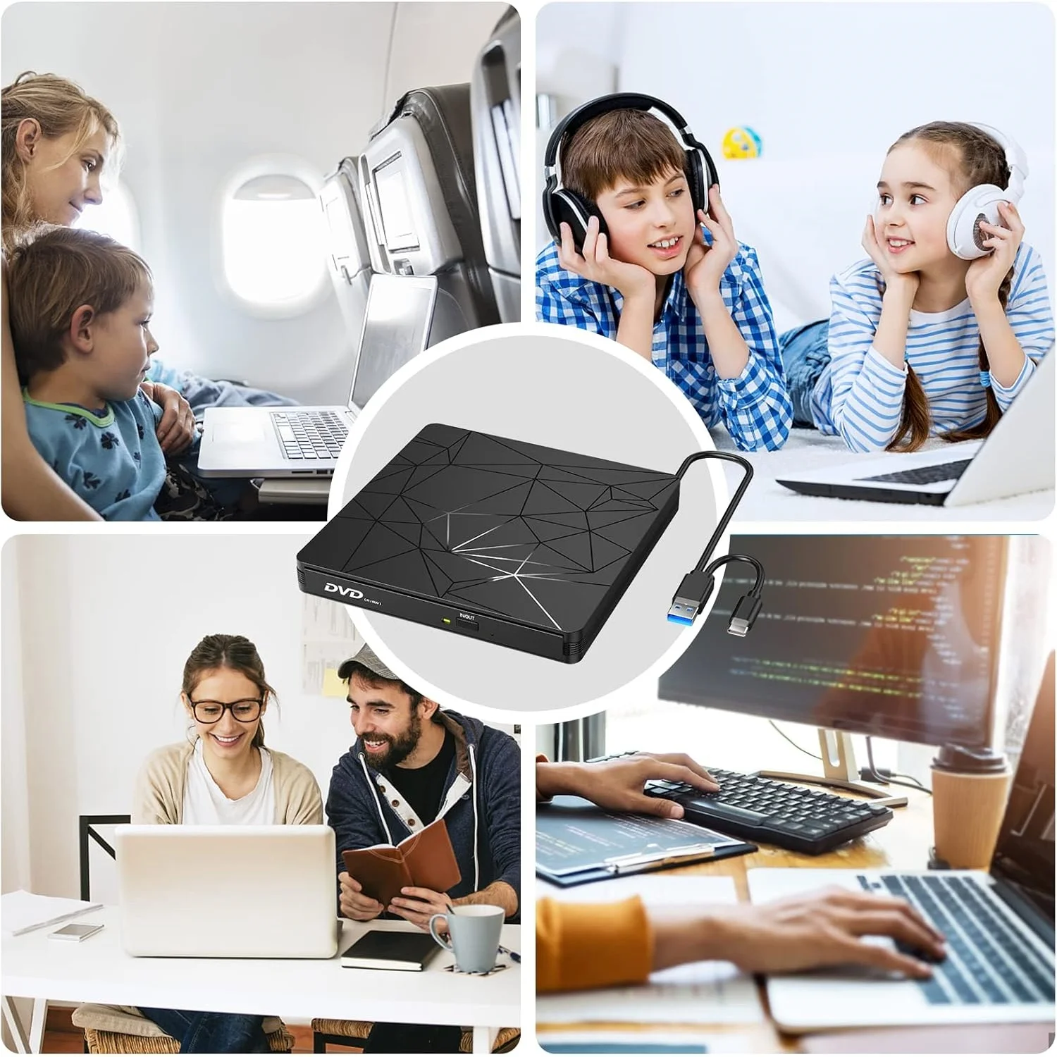 DVD Drive External Portable USB 3.0/Type-C CD Burner Mute Design +/-RW Optical Reader for Laptop Desktop