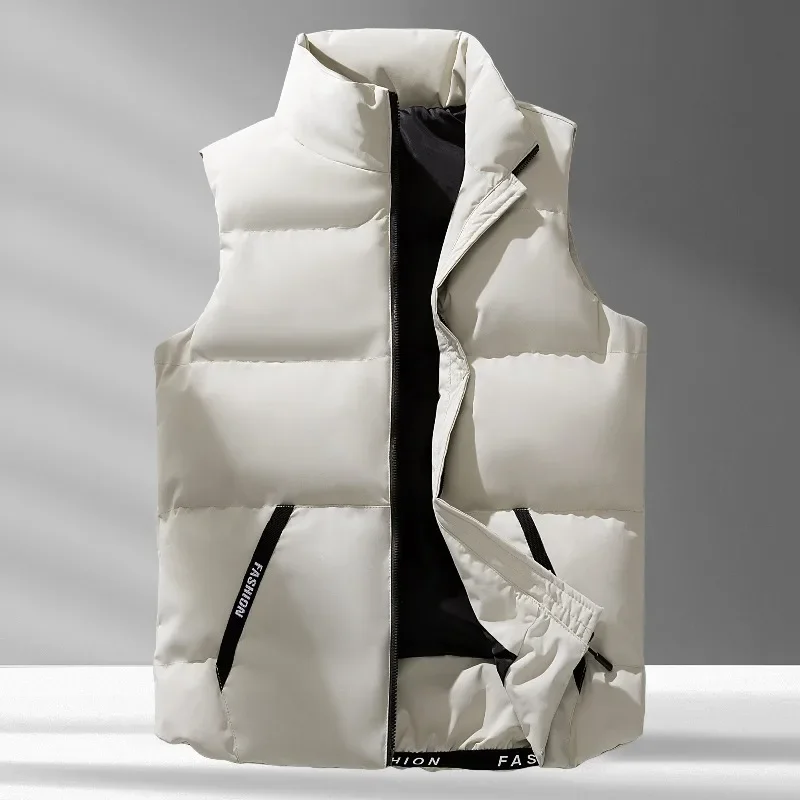Windproof Fashion Simple Design Loose Version Fabric Down Vest Men Large Warm Down Cotton Vest Vertical Collar