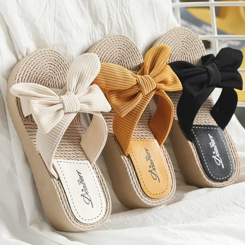 Ladies New Slippers Summer Cross Drag Fashion Hemp Rope Outer Wear Slippers  Bow-knot Casual Sandals and Slippers