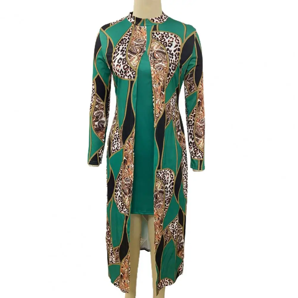 

Bodycon Dress Midi Cover Up Set Elegant Printed Dress Cover Up Set Stylish Women's Geometric Print Bodycon Dress Set with Long