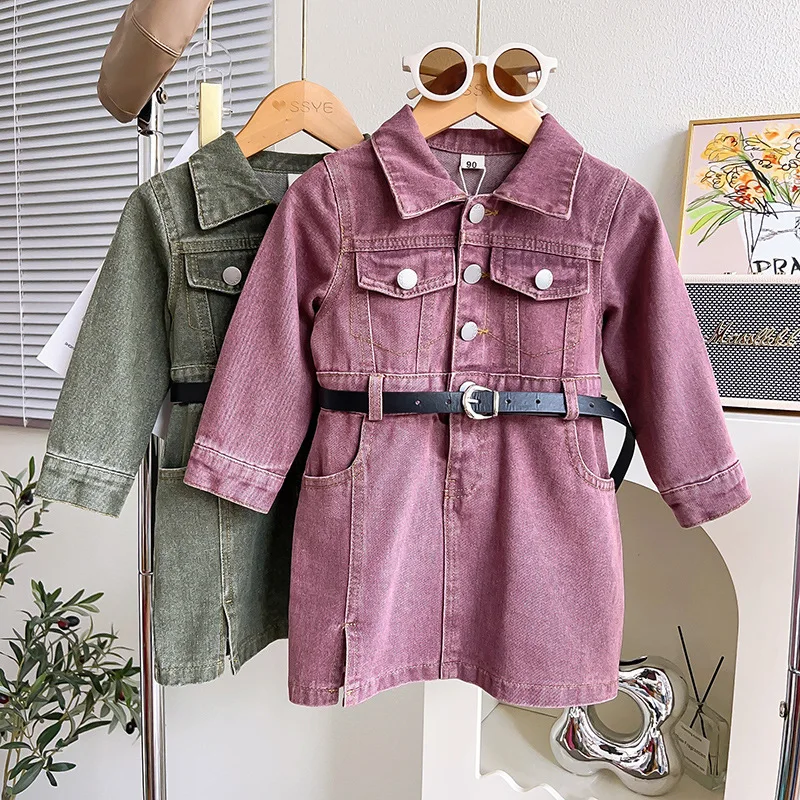 

Girls Casual Dresses Long Sleeved Cowboy Dress Korean 2023 Autumn New Baby Turn Down Collar Pocket Loose Cool Retro