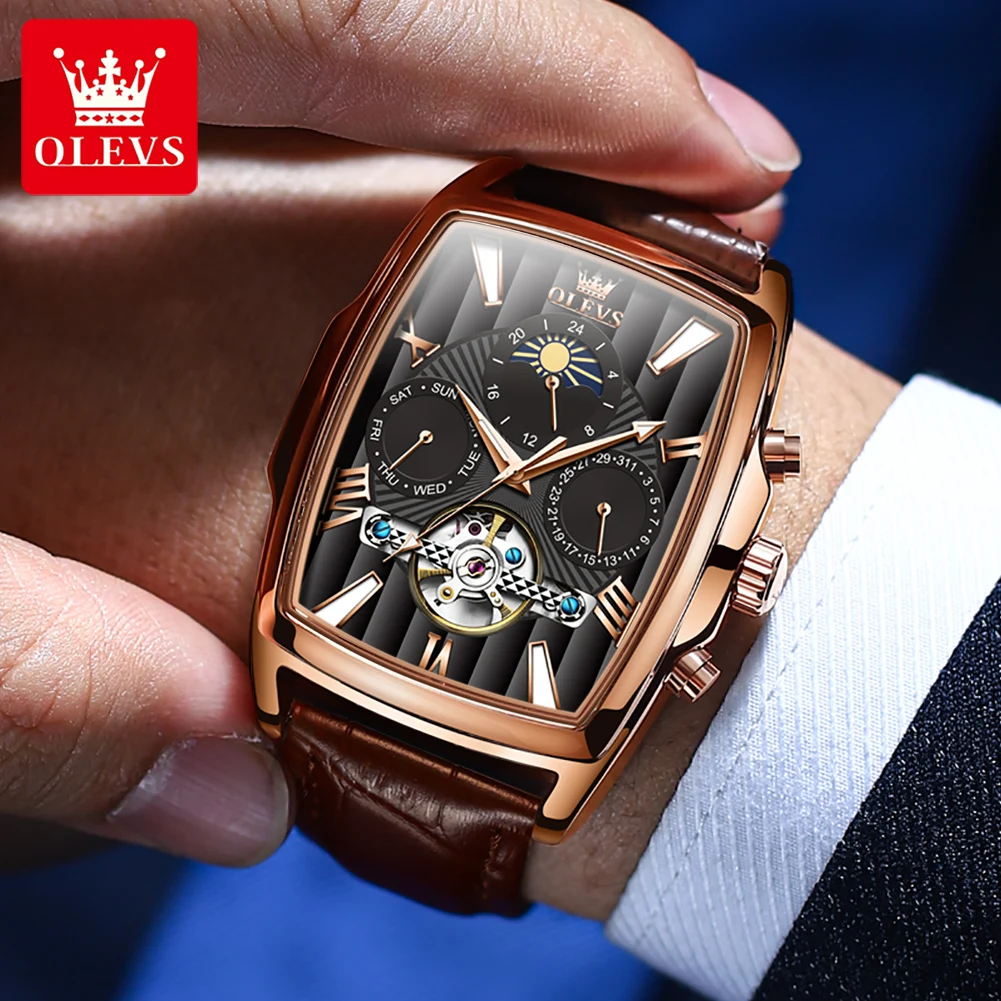 OLEVS Brand Luxury Moon Phase Mechanical Watch for Men Sport Leather Waterproof Luminous Tourbillon Watches Mens Relojes Hombre