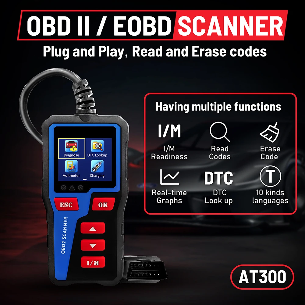 

AT300 Car OBD2 Scanner Diagnostic Tool Code Reader Engine Cranking Charging Test for OBDII Vehicles Since 1996 Automotive Tools