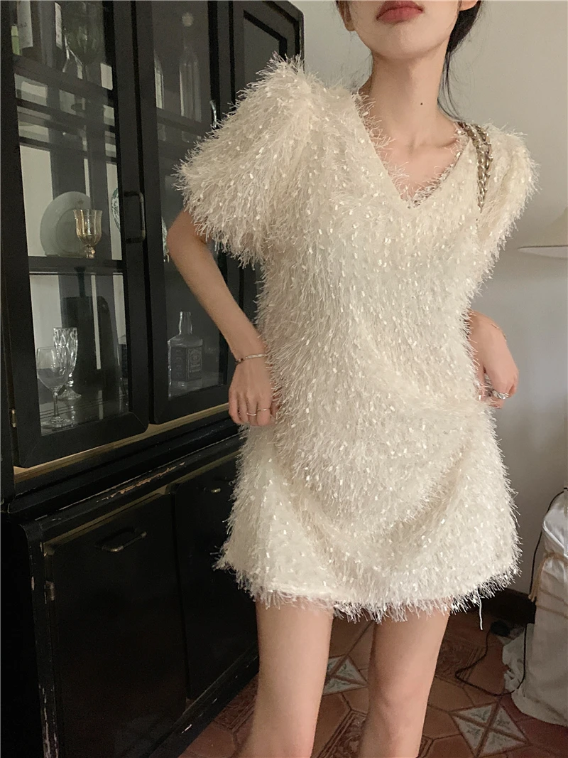 

Women's Elegant Tassel V Necn Short Sleeve Loose Dress Lady Summer Streetwear Solid Color Pullover Mini Dress