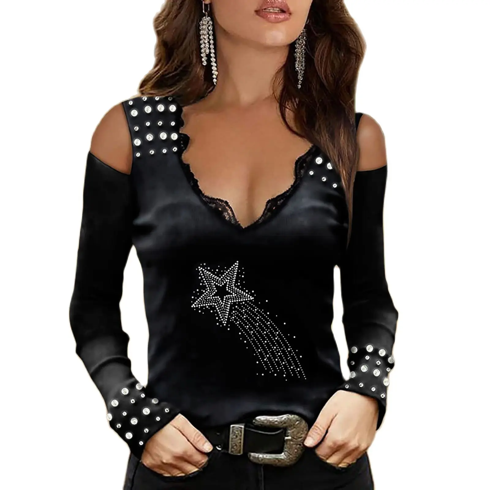 

New Lace V-neck Long Sleeve Strapless Blouse Tops Women Fashion Tops Metal Sling Streetwear Women Top Graphic T Shirt for Women