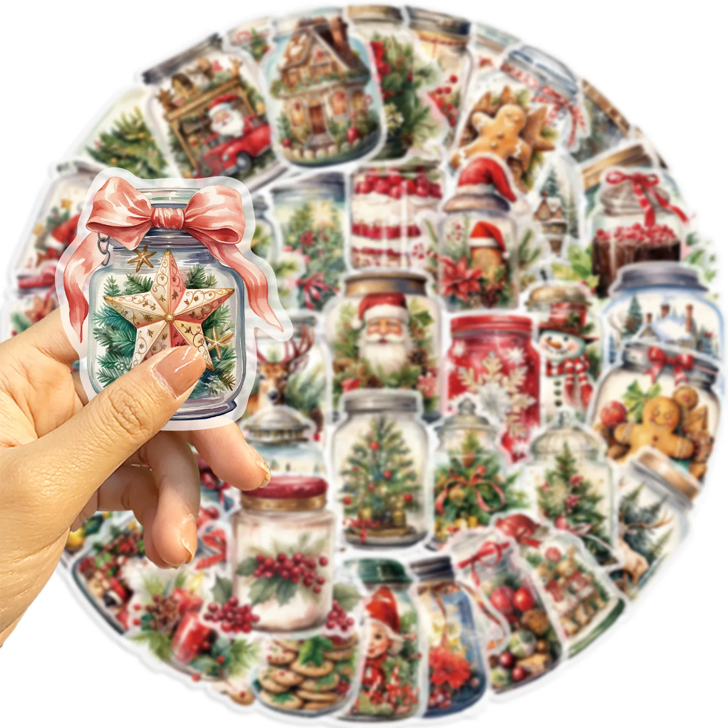 50 Pcs Cartoon Christmas Bottle Sticker Pack Waterproof Transparent PET Party Material Decoration Guitar Notebook 6