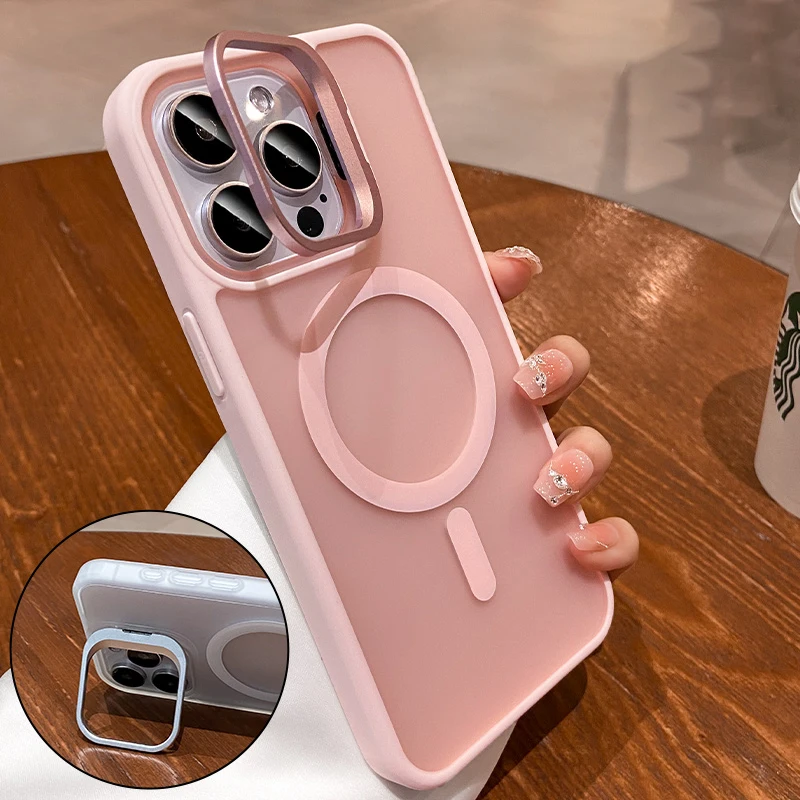 Metal Camera Kickstand with Magsafe-Compatible Wireless Charging and Matte Shockproof Cover