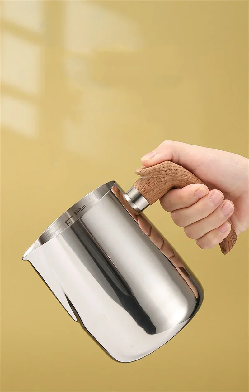 Description Picture 6 of item600/900ML Coffee Milk Frothing Pitcher Jug with Scale 304 Stainless Steel Latte Steam Coffee Pot Wooden Handle Latte Coffee Cup