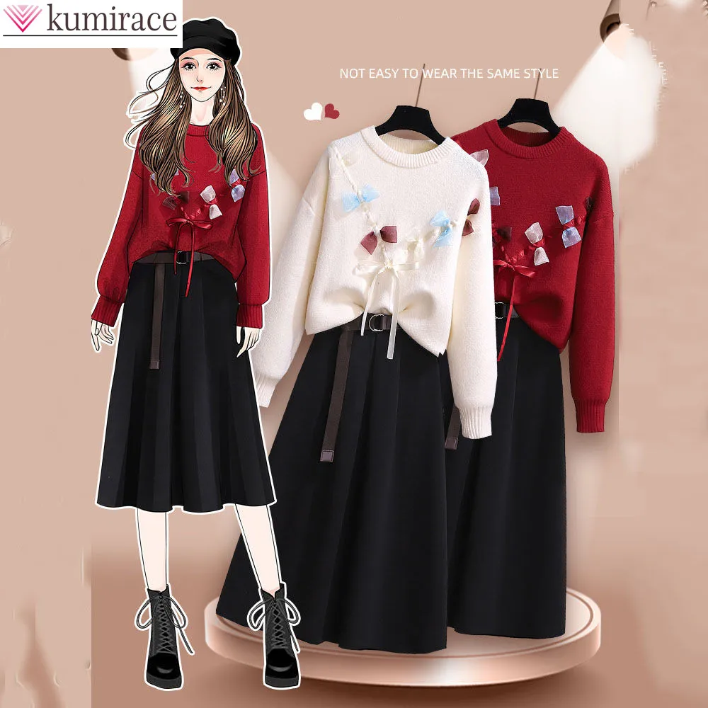

Autumn 2022 New Personalized Bowknot Knitted Sweater Belt Decorative Skirt Two Piece Elegant Women's Dress Set