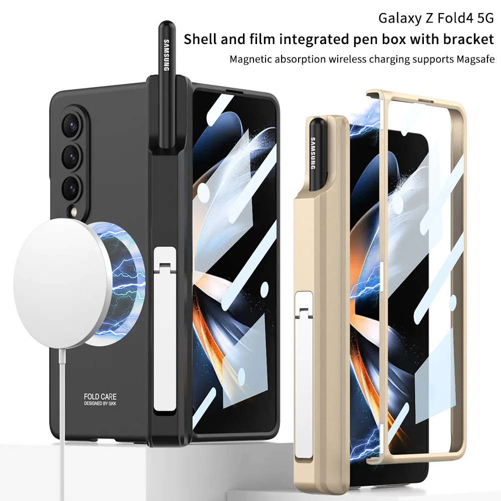 For Samsung Galaxy Z Fold 4 3 5G Case Magsafe Wireless Charging Magnetic  Hinge Pen Holder Stand With Film Cover For Fold3 Fold4