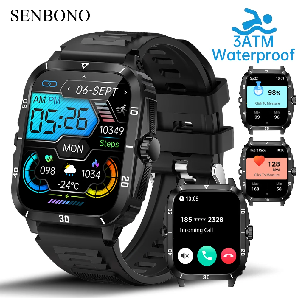 SENBONO Military Smart Watch Men IP68 3ATM Waterproof Outdoor Sports Fitness Tracker 24H Health Monitor Smartwatch Men 430mAh