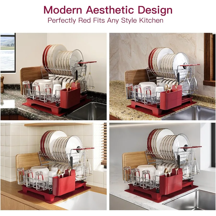2 Tier Red Large Stainless Steel Dish Drainers Drying Rack for Kitchen Counter with Drainboard Rust Proof Metal Space Saving Mo