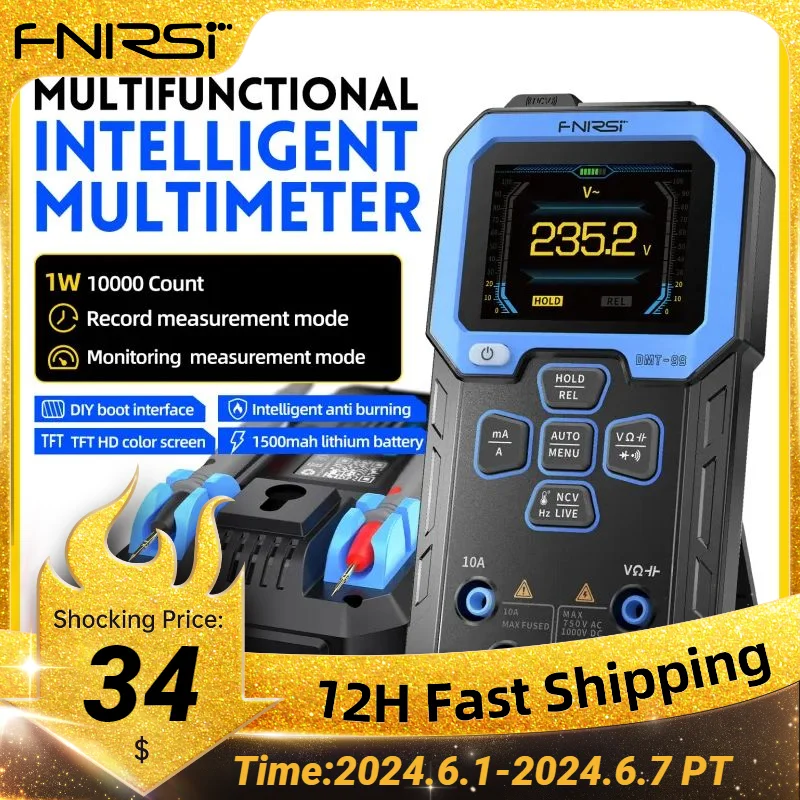 FNIRSI DMT-99 Digital Multimeter 9999 Counts Smart Professional Tester 1000V 10A True RMS Auto Range AC DC Ohm Hz Capacitance