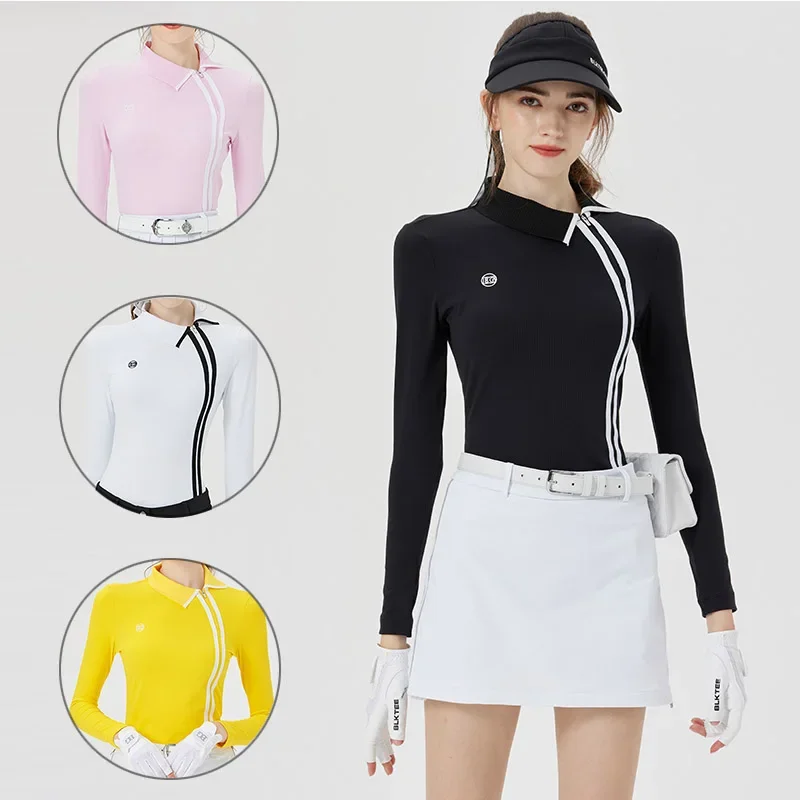 Blktee Antumn Long Sleeve Slim Golf Shirt for Women Side Zipper Collar T-shirt Women Stripe Elastic Polo Tops Sport Golf Wear
