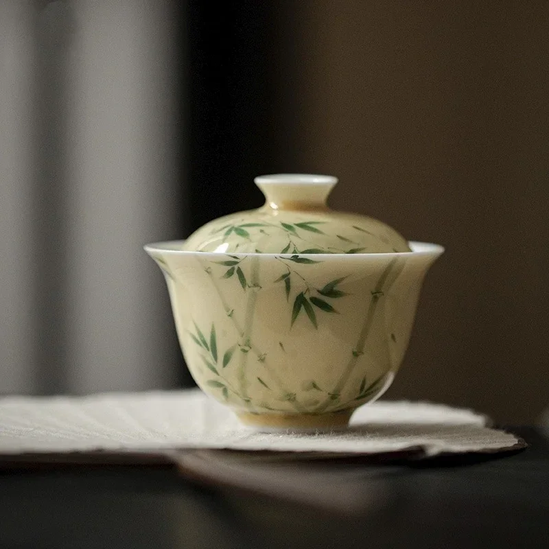 

Ручная роспись бамбуковая фарфоровая желтая чашка Gaiwan для чая чайная чашка китайские чайные чаши чаван чайный керамический набор