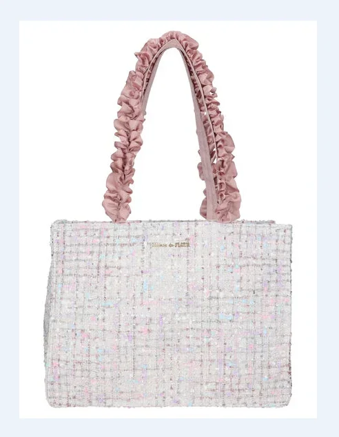 Japanese Style 2023 New Winter Classic Style Shiny Surface Floral Pleated Handle Tweed Shoulder Women's Sweet Handbag Tote Bags